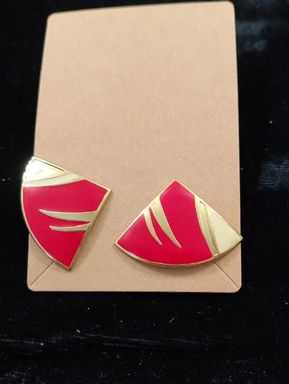 Vintage Gold-Trim Red Enamel Fan Stud Earrings
